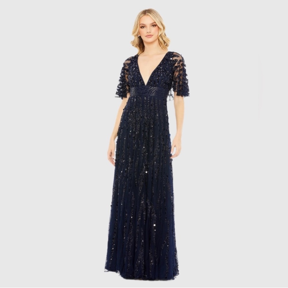 MAC DUGGAL Navy Embellished V-neck Empire Waist Gown